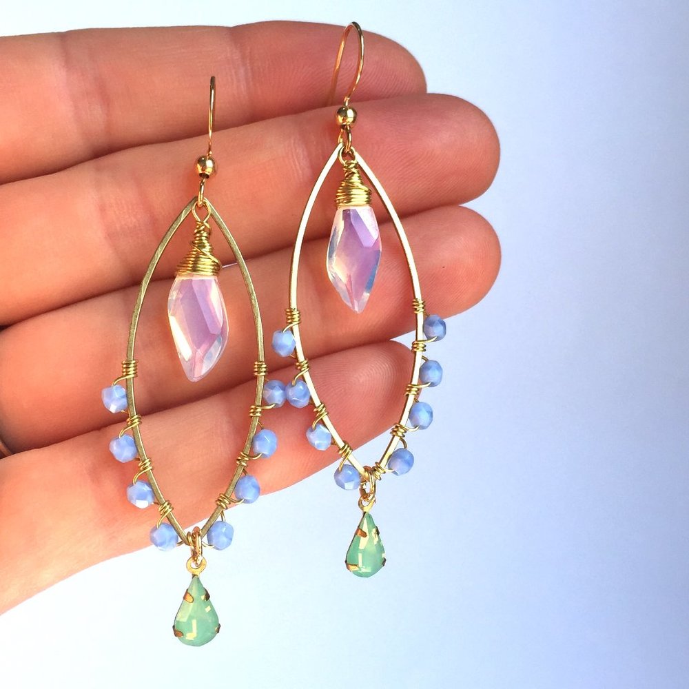 Opal, light blue beaded Marquise Chandelier Earrings